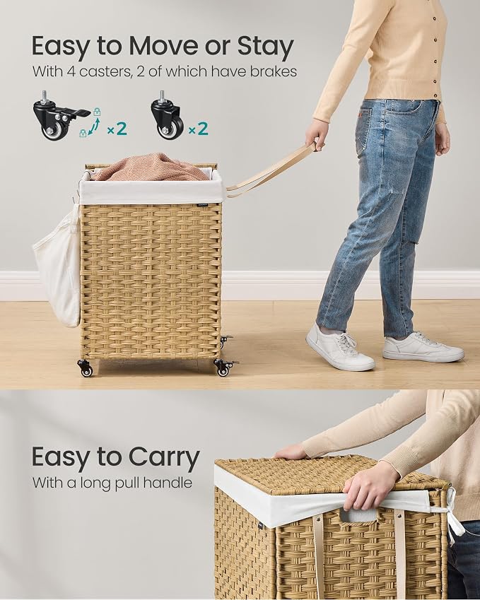 SONGMICS Laundry Hamper with Lid, 31.7 Gallons (120 L), Rolling Laundry Basket with Wheels, Synthetic Rattan, Removable Liner, Bedroom, 18.1 x 15.7 x 26 Inches, Natural Color ULCB161Y01 - Image 5