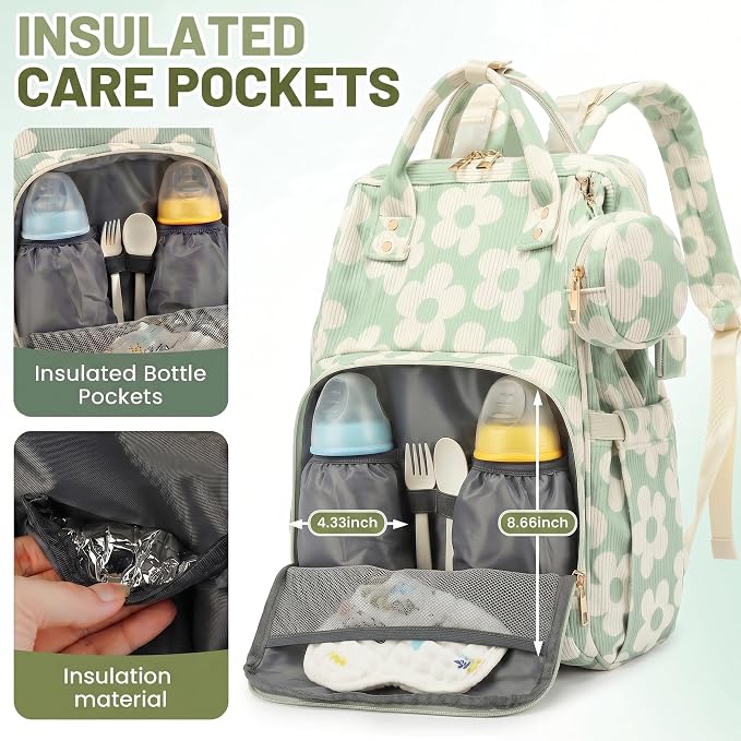 Baby Diaper Bag Backpacks for Mom Dad, Corduroy Large Capacity Multifunction Nappy Bag with Pacifier Case, Baby Travel Essentials Diaper Backpack for Boys Girls - Large Flowers Green - Image 3