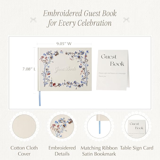 Embroidered Wedding Guest Book, Cotton Cover, Acid-Free Paper, 160 Pages, 9" L × 7" W, Sign in Book for Wedding Reception, Baby Shower&Events, with Envelopes, Table Card&Cotton Pouch (Pink) - Image 3