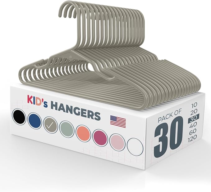 Plastic 12” Kids Hangers 30 Pack – Made in the USA – 5lb Capacity Baby & Toddler Clothes Hangers with Notches & Reinforced Edges – Fits Children’s Sizes Up to 8 – Gray by NeatiesHangers