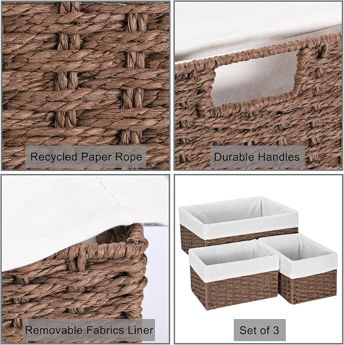 Wicker Basket, Set of 3 Hand-woven Storage Baskets for Organizing, Decorative Rectangle Wicker Storage Basket Bins with Handles, Small Toilet Paper Storage Baskets for Shelves & Decor, Brown - Image 2