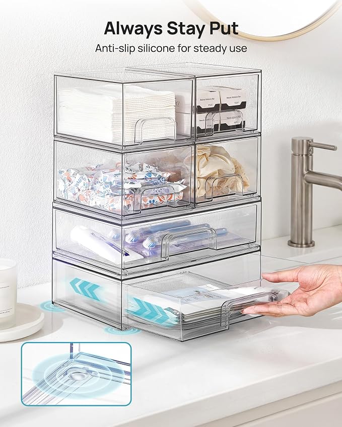 Vtopmart Clear Stackable Storage Drawers Set of 5, Plastic Organizer Bins | Multi-purpose Boxes for Bathroom Accessories, Beauty Supplies, Ideal for Cabinet, Shelf, Pantry, Laundry Room Organization - Image 7