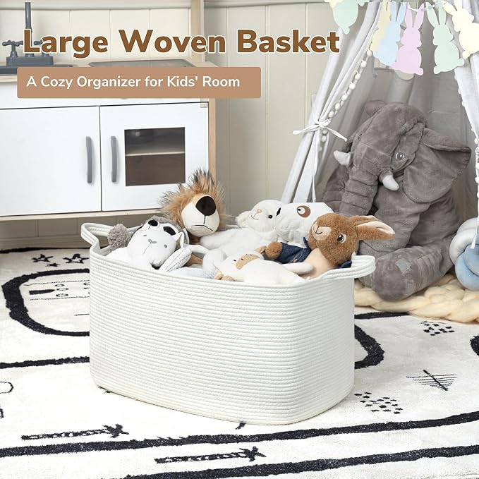 Goodpick Large Woven Rope Blanket Basket, Rectangle, White, 75L | 21.6'' x 14.9'' x 11.8'' Storage Basket for Blankets & Toys, Living Room, Bedroom & Nursery Organization, Reinforced Handles - Image 2