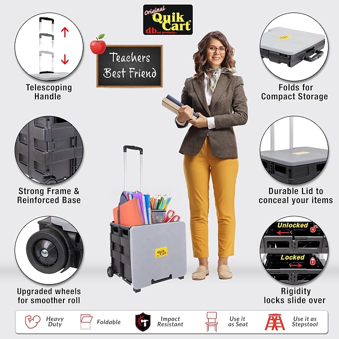 dbest Products Quik Cart Standard Collapsible Rolling Crate - Gray Lid | with Wheels, Roll Up to 80 lbs Capacity, Heavy Duty Plastic Construction, Telescoping Handle, Foldable Utility Cart - Image 2