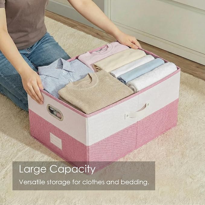 Storage Bins with Lids [3-Pack] Linen Fabric Foldable Storage Boxes Organizer Containers Baskets Cube with Cover for Bedroom Closet Office White&Pink (23.4X15.9X11.4) - Image 2