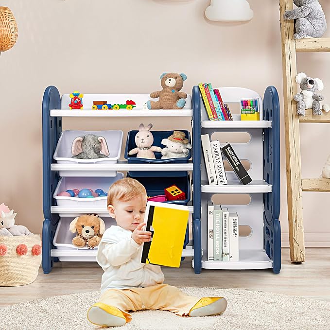 Costzon Toy Storage Organizer, 4-Tier Toy Shelf w/ 6 Removable Plastic Bins for Books Toys, Toddler Toy Bookcase Toy Rack for Playroom, Kids Room, Bedroom, Daycare, Nursery - Image 2