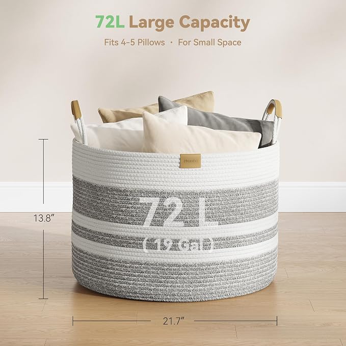 Nunsino 72L Woven Blanket Basket with Leather Handles, Cotton Rope Laundry Basket Hamper,Decorative Nursery Basket Toy Storage Basket for Kids, Living Room, Bedroom,Gray White Stripes - Image 4