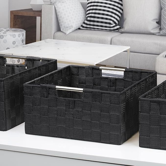 Sorbus Storage Box Woven Basket Bin Container Tote Cube Organizer Set Stackable Storage Basket Woven Strap Shelf Organizer Built-In Carry Handles (Black) - Image 5
