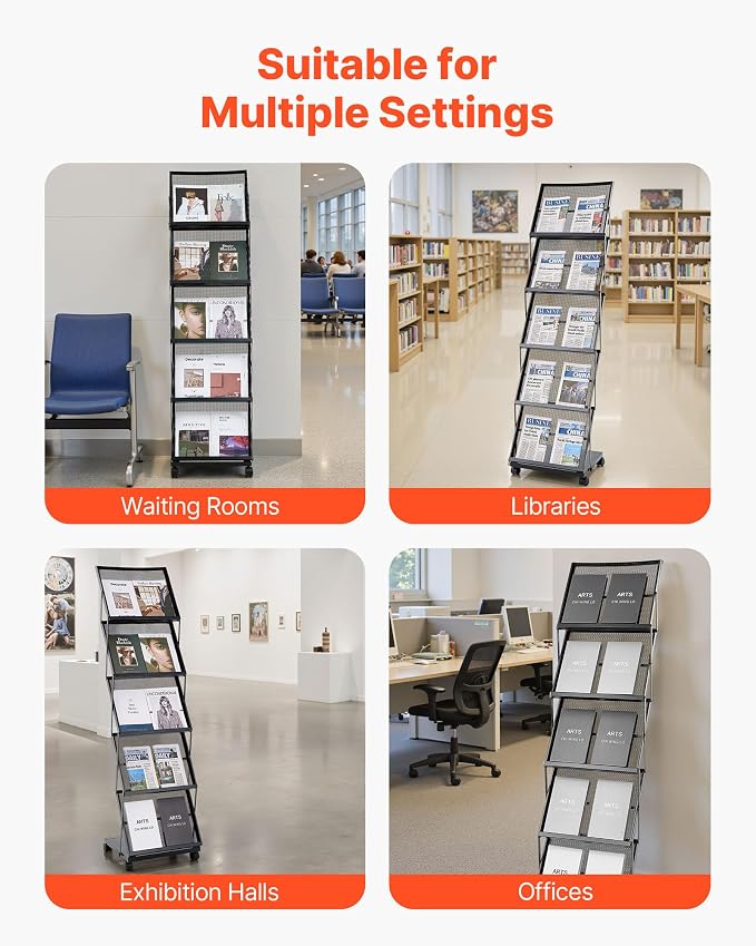 VEVOR Brochure Display Rack, Foldable 5 Pockets Magazine Literature Display Stand, Movable Floor Standing Magazine Rack with Wheels, Metal Newspaper Catalog Holders for Shop Exhibitions Office Show - Image 6