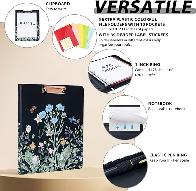 Ospelelf Leather Clipboard with Storage, Zippered Padfolio Portfolio Organizer, 3 Ring Binder 1 Inch, Notepad, Tablet Sleeve, 5 Dividers with Pocket for Office,Students, Teachers Night Flowers - Image 3