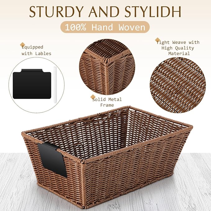 Marsui 6 Pcs Wicker Storage Baskets for Pantry Organization with Labels Handwoven Multi-size Brown Wicker Storage Bins for Organizing Small Baskets Container for Shelves Closet Toilet - Image 3