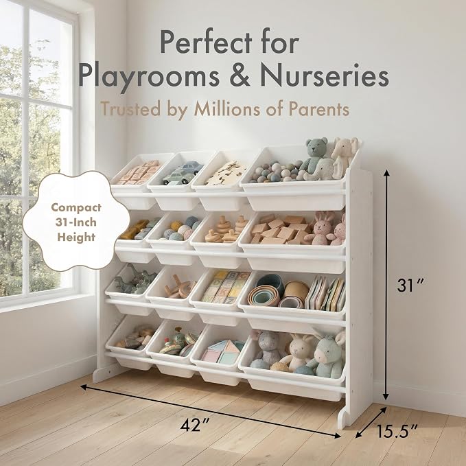 Humble Crew Kids Toy Organizer with 16 Bins, 4 Tier Storage for Playroom | Sturdy wood and steel toddler shelf, removable BPA-free containers, wall anchor anti-tip safety kit for bedroom or classroom - Image 6