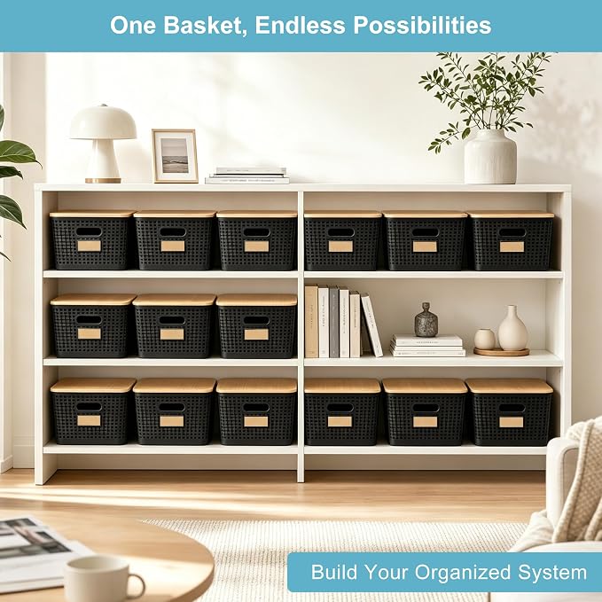 2 Pack Tall Plastic Storage Bins with Bamboo Lids, 10.8qt Stackable Storages Baskets for Organizing Desktop Closet Playroom Classroom Office, 12"L x 8.3"W x 6.1"H, Black - Image 6