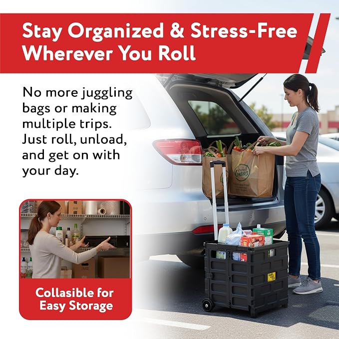 dbest Products Quik Cart Pro Collapsible Rolling Crate on Wheels - Black | Roll Up to 120 lbs Capacity, Heavy Duty Plastic Construction, Telescoping Handle, Folding Utility Cart - Image 6