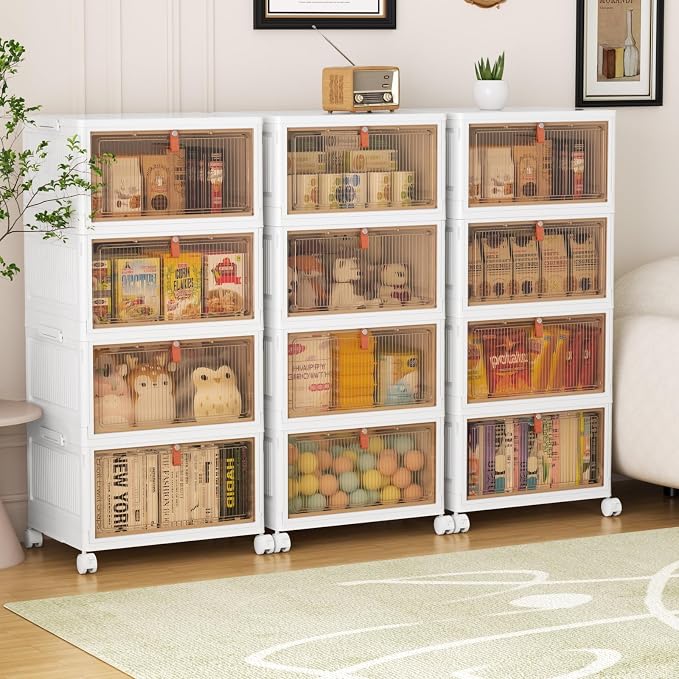 4 Tier Plastic Storage Bins with Lids 28QT, Stackable, Wheeled, Collapsible, Closet Organizers for Living Room, Office, Dorm - Image 2