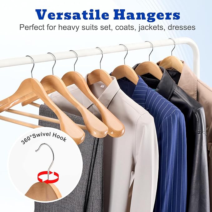 HOUSE DAY Wood Suit Hangers for Men, Smooth Wide Shoulder Wooden Hanger with Non Slip Pant Holder, Wide Hangers for Suits, Coats, Jackets, Heavy Wide Clothes Hanger 2 Pack, Natural - Image 6