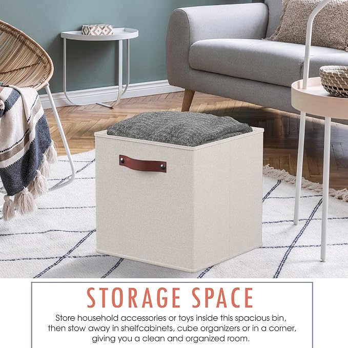 Ornavo Home 13x13 Foldable Fabric Storage Cube Bins, 6 Pack, Beige | Collapsible Linen Shelf Basket Organizer; Leather Handles; Ideal Cube Storage For Closet - Image 4