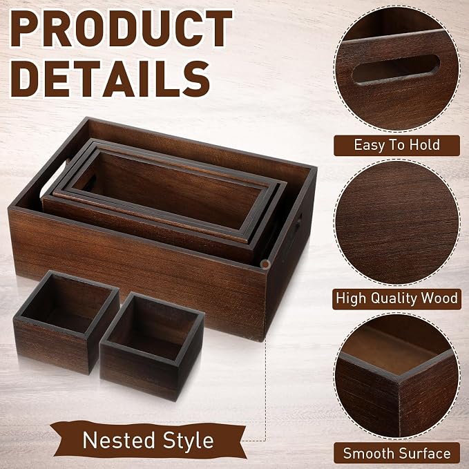 Set of 6 Wood Storage Boxes with Handles Wooden Nesting Crates Rustic Farmhouse Storage Container for DIY Crafts Party Home Table Decoration Display(Brown) - Image 4