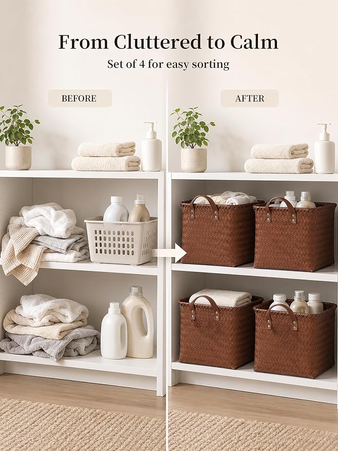 Wicker Storage Baskets, 4 Pack Woven Baskets for Shelves, Brown | PP Rattan, Water-resistant Wicker Basket, Large Baskets with Faux Leather Handles for Blanket, Laundry Organizer, Room Decor - Image 4