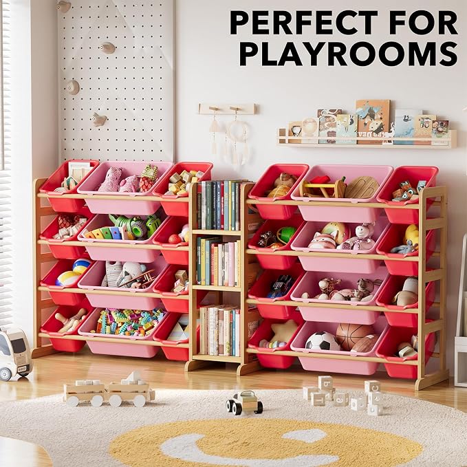 SpaceAid Large Toy Storage Organizer with 24 Bins and 3 Shelves, Toy Organizers Storage Bookshelf, Kids Bin Shelf Box Bookcase for Bedroom Playroom Organization Room Decor, Red and Pink - Image 5