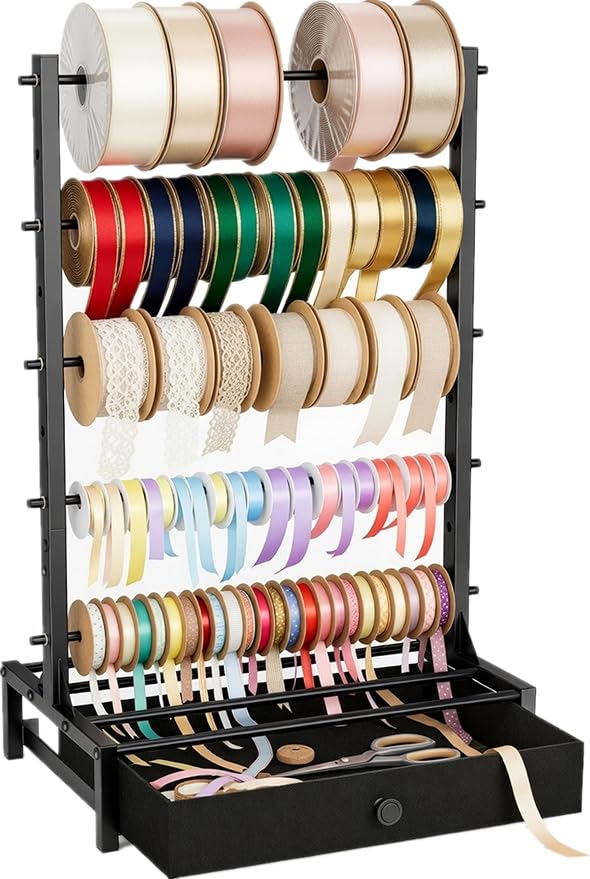 Ribbon Organizer with Fabric Drawer, Adjustable 5-Tier Ribbon Holder Rack | Stores Gift Wrap Ribbons, Craft Supplies, and Wrapping Tools with a Stable Metal Design for Easy Organization by TIPSYTREE