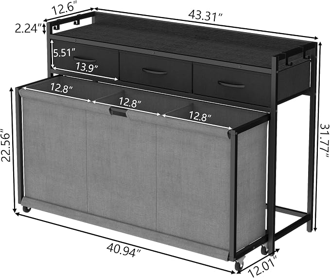 Laundry Hamper Laundry Basket with 3 Section Pull-Out Rolling Bags, Laundry Sorter for Organization and Storage with 2 Pull-Out Drawers for Laundry Room (Black+Grey, 43.31'' x 31.81'' x 12.6'') - Image 7