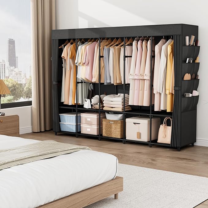 Portable Closet Storage, Portable Wardrobe Closet Organizer Clothes Rack wtih Cover, Hanging Rod, Storage Shelves and Side Pockets, Large Portable Closets for Hanging Clothes, Black - Image 2