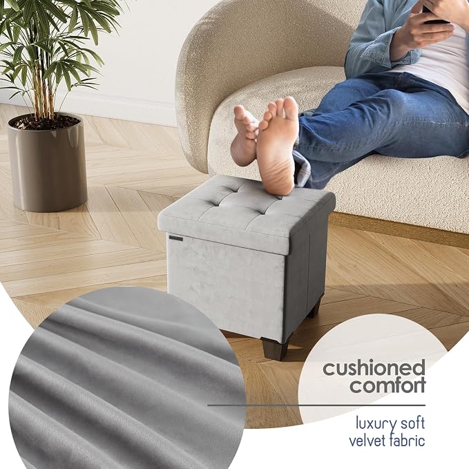 Storage Ottoman Cube with Small Bin, 15-in Square Ottoman with Storage for Living Room and Bedroom, Small Ottomans Foot Rest, Velvet Foot Stools Ottomans Max 330lbs, Light Grey - Image 7