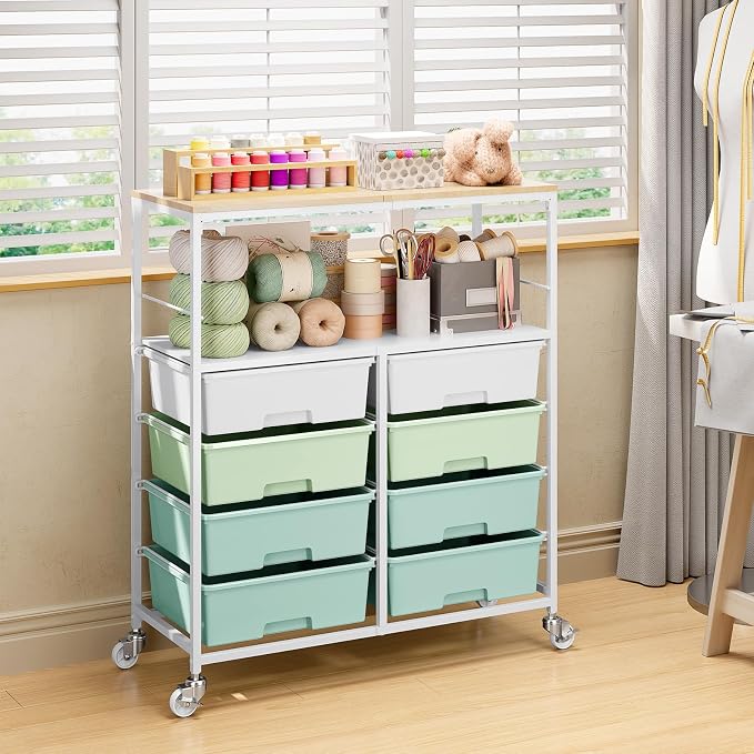 Rolling Storage Cart with 8 Large Drawers, Wooden Tabletop | Open Storage Shelves, Mobile Craft Organizer with Lockable Wheels for Home, Classroom, Office Supplies & Art Studio,Green - Image 2