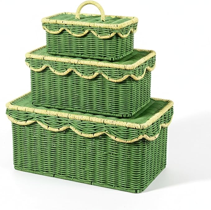 Scalloped Hyacinth Wicker Basket for Toy Storage | 3 Pack Woven Storage Baskets | Decorative Storage Baskets for Shelves | Rattan Baskets for Bedroom By NovaHeavensNest (Green & Golden) by Unknown