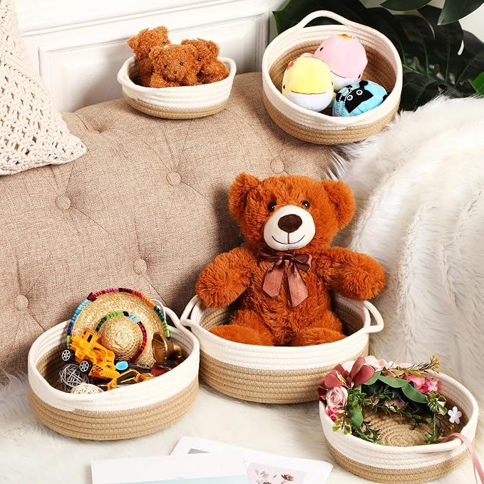 10 Pieces Woven Cotton Rope Basket Shelf Closet Organizer Bins Round Key Bowl for Entryway Table Shallow Montessori Baskets Key Tray for Home Decor Nursery Shelving Storage Organizing, 5 Sizes(Brown) - Image 6