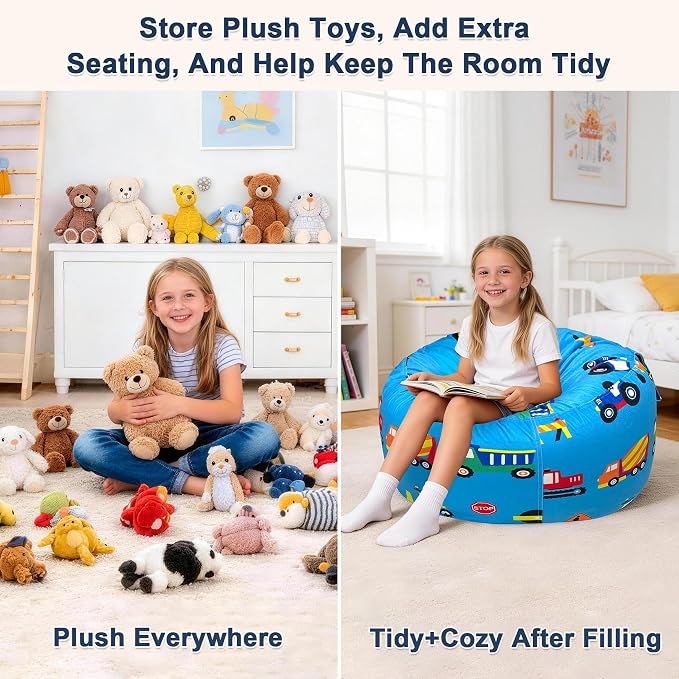 Lukeight Construction Animal Storage Bean Bag Chair Cover for Kids, Velvet Plush Toy Organizer Seat, Cover Only, No Filling Included, Long YKK Zipper, Side Pocket, Large 27"D x 16"H - Image 3