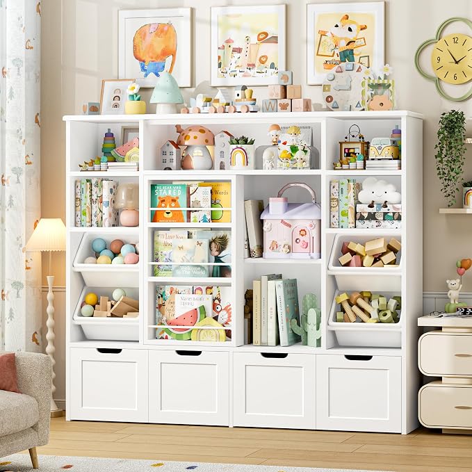 Toy Storage with Sliding Bookshelf, Toy Organizer with 4 Bins | 55.1’’ W Large Toy Storage Organizer Kids Bookshelf with 4 Movable Drawers, Toy Bins Playroom Storage for Kid Room, White - Image 2