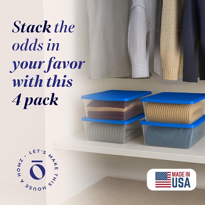 HOMZ 4-Pack Snaplock, Small Clear Plastic Storage Organizer Bins w/Lids, 12 Quart, Blue - Stackable Container Boxes for Bedroom, Bathroom, Garage, and Office Organization - Image 2