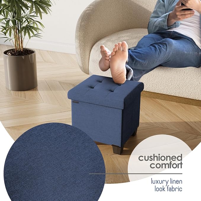 Storage Ottoman Cube with Small Bin, 15-in Square Ottoman with Storage for Living Room and Bedroom, Small Ottomans Foot Rest, Fabric Foot Stools Ottomans Max 330lbs, Blue - Image 8