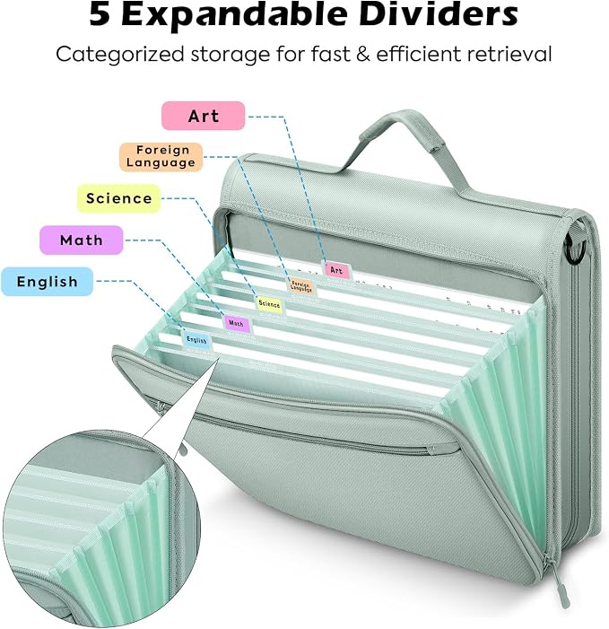MoKo Zipper Binder, 2-Inch 3-Ring, 500 Sheets, 5-Tab File Folders, Green | 420D nylon with five dividers, multiple pockets, a padded handle and adjustable shoulder strap. - Image 2