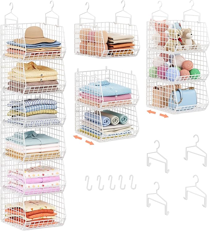 6 Tier Extended Depth Hanging Closet Organizer, Closet Storage Hanging Shelves with Hanging Hooks for Clothes Sweaters Towels Handbags, Stackable Metal Mesh Bins For Closet, Laundry, Bathroom, Dorm by X-cosrack