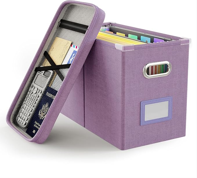 File Organizer with Lid, Hanging Filing Box with Mesh Pocket, Document Organizer for Letter Files, Portable Storage Box for Office & Home (1 PCS, Taro Purple) by Oterri