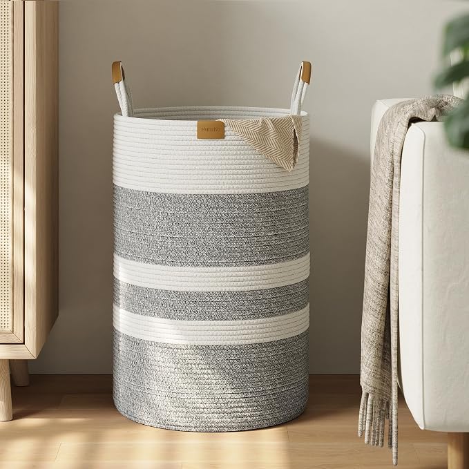 Nunsino 75L Striped Laundry Hamper with Leather Handles,Large Foldable Laundry Basket for Clothes,Cotton Rope Storage Bin for Blankets,Woven Clothes Basket for Bedroom,Gray Stripes by Nunsino