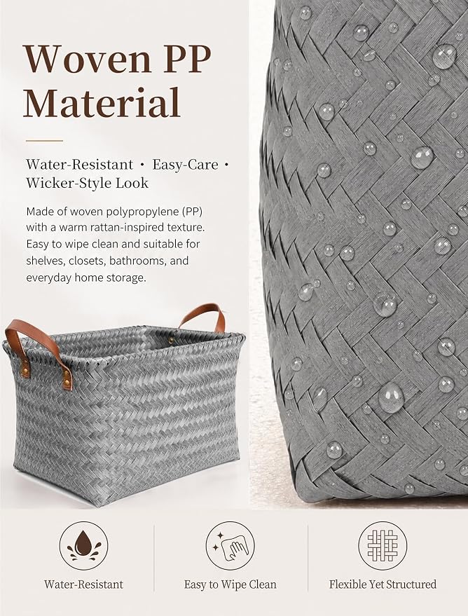 Wicker Storage Baskets, 4 Pack Woven Baskets for Shelves, Grey | PP Rattan, Water-resistant Wicker Basket, Large Baskets with Faux Leather Handles for Blanket, Laundry Organizer, Room Decor - Image 3