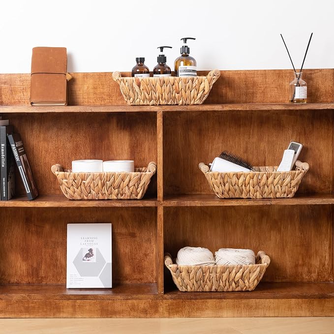 Small Wicker Baskets for Organizing, Water Hyacinth Wicker Storage Basket with Handle, Pantry Baskets for Shelves, Toilet Tank Paper Basket, 4 Pack - Image 6