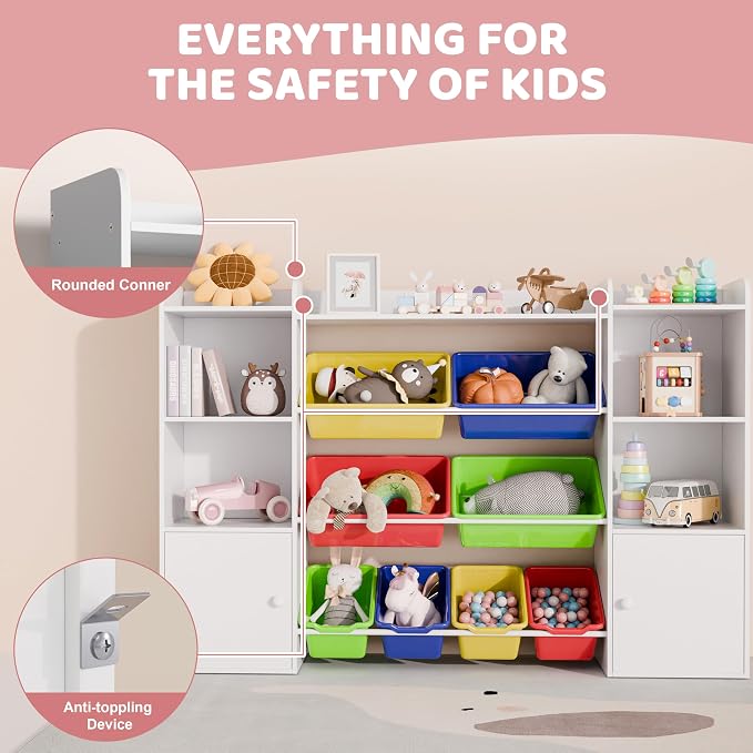 Xilingol Kids Toy Storage Organizer W/8 Removable Toy Bins, 4-Tier Toy Organizers W/6 Storage Cubbies, Kid Bookshelf and Toy Storage for Playroom, Bedroom, Kids Room, Classroom - Image 4