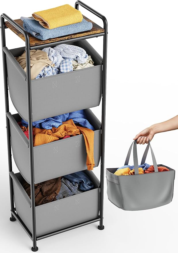 3 Section Laundry Sorter with Removable Bags, 120L Vertical Laundry Hamper with Shelf, Stackable Laundry Baskets organizer for Bathroom, Apartment, Dorm (Gray, With Shelf) by Unknown