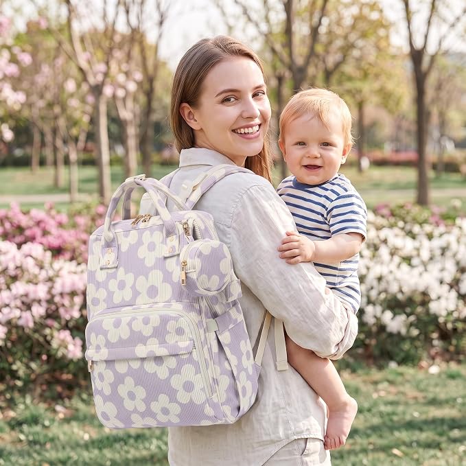 Baby Diaper Bag Backpacks for Mom Dad, Corduroy Large Capacity Multifunction Nappy Bag with Pacifier Case, Baby Travel Essentials Diaper Backpack for Boys Girls - Large Flowers Purple - Image 2
