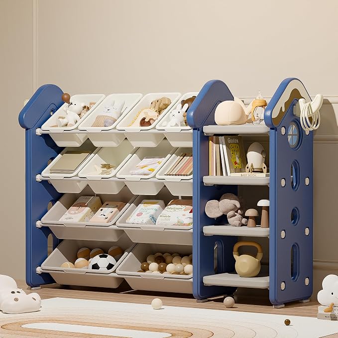 Pipleo Kids Toy Storage Organizer with 12 Removable Bins, Toy Organizers and Storage with 4-Tier Bookshelf for Kids Toy Storage Organizer (Blue) by PIPLEO