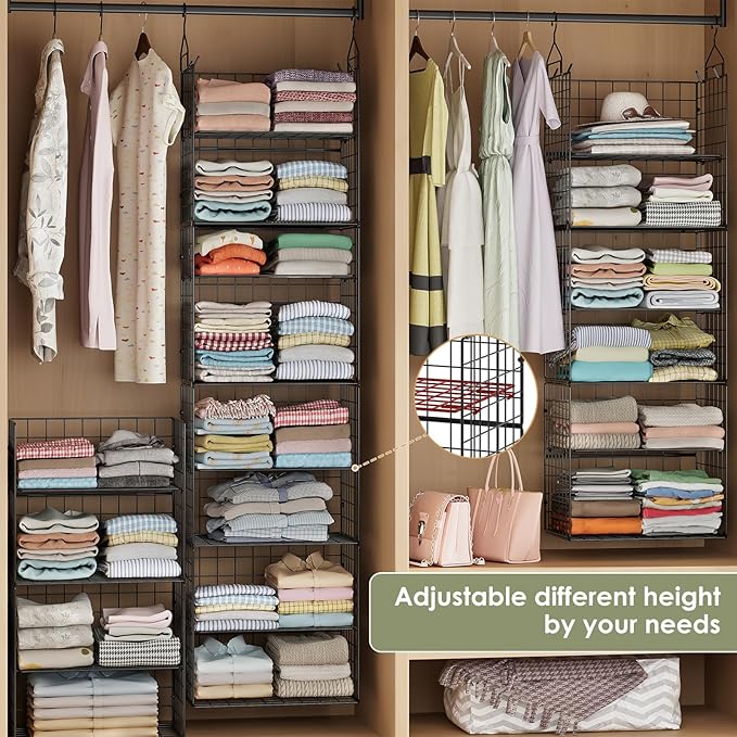 Hanging Closet Organizer and Storage - 8 Tier Closet Hanging Organizer Shelves, Metal & Foldable Hanging Storage Organizer Baskets with Adjustable Dividers for Clothing Sweaters Shoes Handbags - Image 4