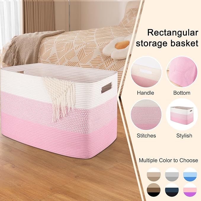 OIAHOMY 108L Extra Large Blanket Basket Dog Toy Basket Pink&White | Rectangle Woven Baskets for Storage Cotton Rope Basket For Living Room Toy Storage Blanket Storage Laundry Basket - Image 3