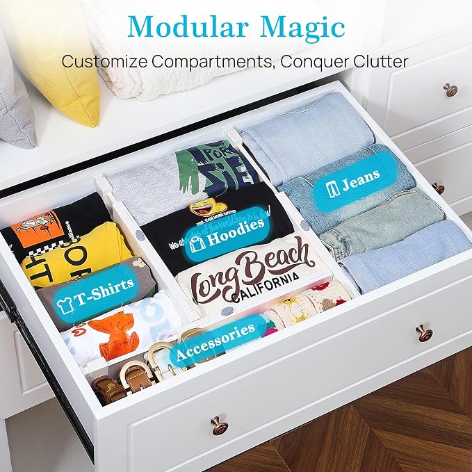 Vtopmart Drawer Dividers for Clothes 8 Pack, Adjustable 4" High Expandable from 11.3"-17" Dresser Drawer Organizer, Plastic Drawers Separators for Dresser, Baby Clothes, Kitchen and Office Storage | Adjustable Drawer Organizer, Dresser Clothes Separato... - Image 3