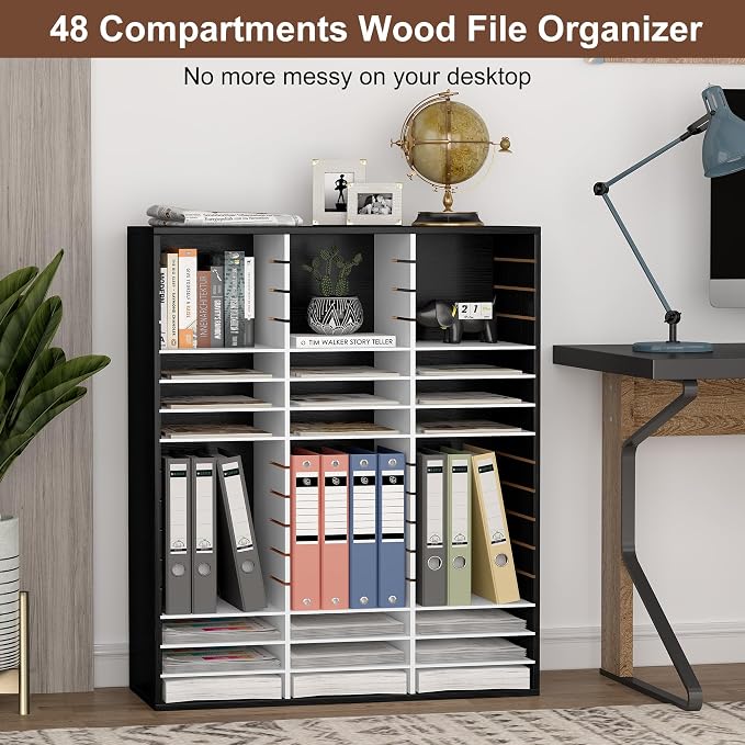 EasyPAG Wooden Literature Organizer with Adjustable Shelves, 48 Compartments Office Paper Organizer Storage 24000 Sheets Letter Size Paper, Student Mailbox for Classroom, Black/White - Image 2