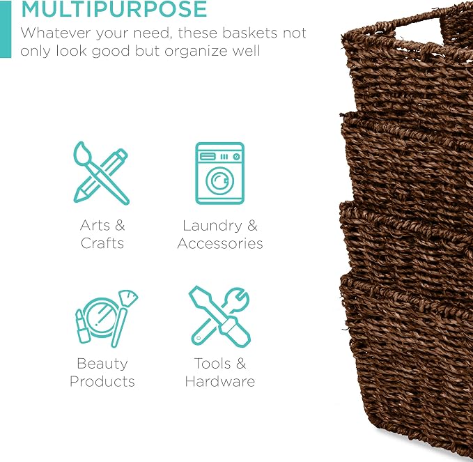 Best Choice Products Rustic Set Of 4 Multipurpose Stackable Seagrass Storage Basket, Handwoven Laundry Organizer Totes for Bedroom and Living Room, Shelves, Pantry w/Insert Handles - Brown - Image 3